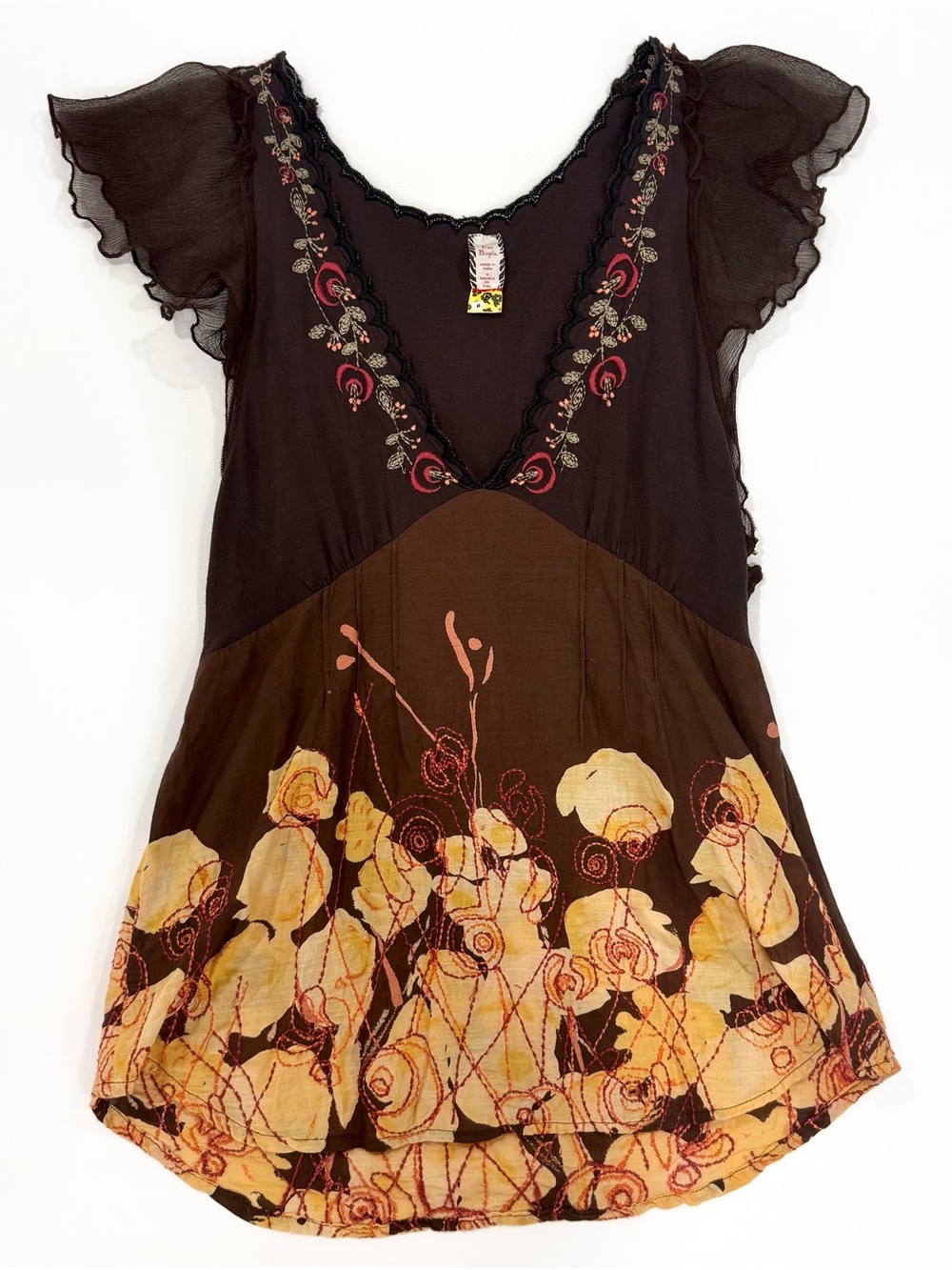 Free People Brown Boho Floral V-Neck Tunic with Embroidered Detail | Size 6